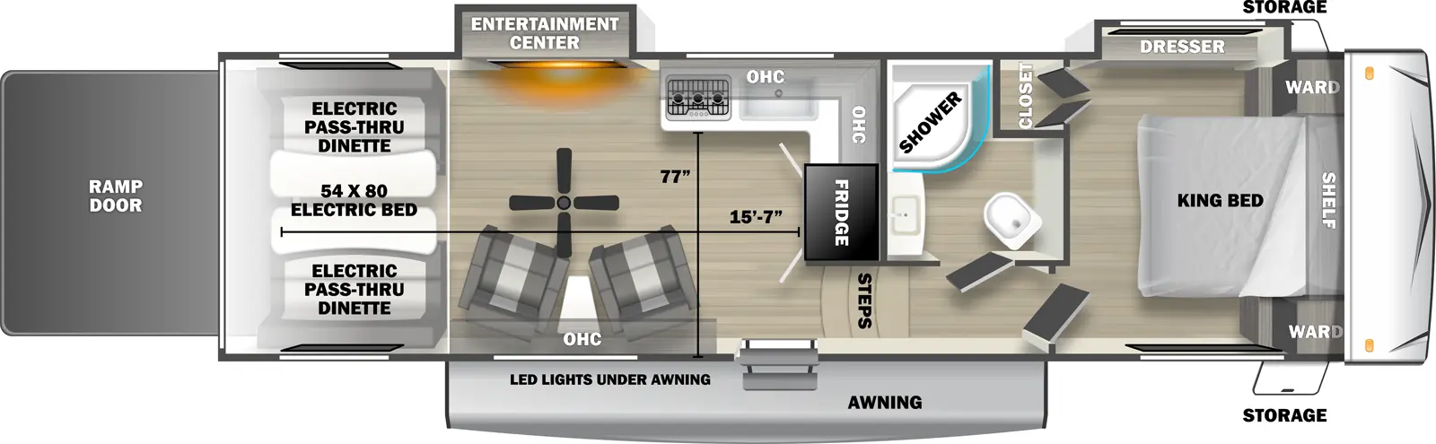 The 2800SRT fifth wheel has 2 slide outs on the off-door side, 1 entry door and 1 rear ramp door. Exterior features include an awning with LED lights and front opposing side storage access. Interior layout from front to back includes front bedroom with foot-facing King bed, shelf over the bed, front corner wardrobes, front facing closet and off-door side slideout holding a dresser; off-door side bathroom with radius shower, toilet and single sink vanity; 3 steps down into the kitchen area with off-door side L-shaped countertop, stovetop, L-Shaped overhead cabinets, sink and rear facing refrigerator; 2 door side recliners with end table; ceiling fan; off-door side slideout holding and entertainment center; and rear 54 x 80 electric bed over electric pass-through dinette. Cargo length from rear of unit to refrigerator is 15 ft. 7 in. Cargo width from countertop to door side wall is 77 inches.